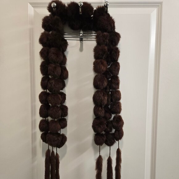 Brown Rabbit Fur Pompom Scarf with Tails - Picture 3 of 5